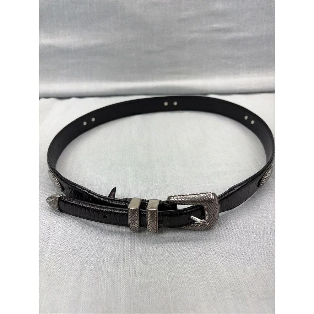 Roundtree & Yorke Black Leather Concho Belt Western Silver Tone Size 36